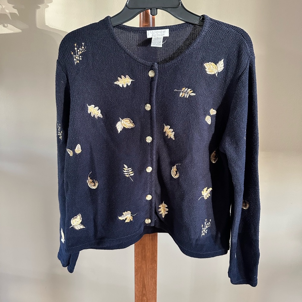 Christopher & Banks Navy Cardigan with Leaf Accents